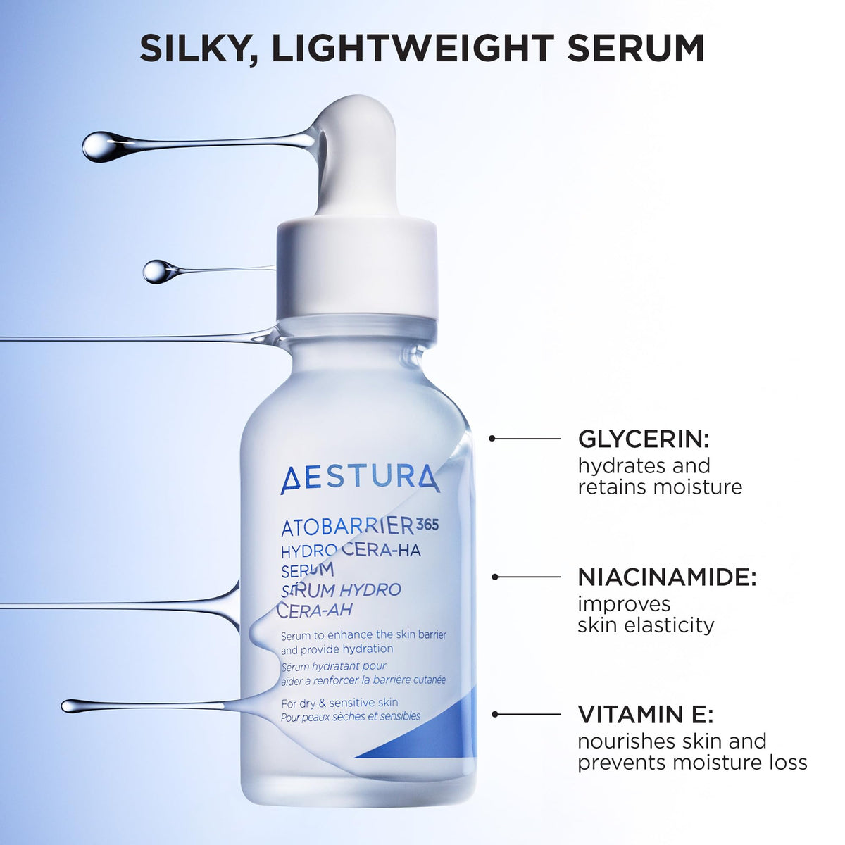 AESTURA label close-up listing ceramides hyaluronic acid and niacinamide benefits