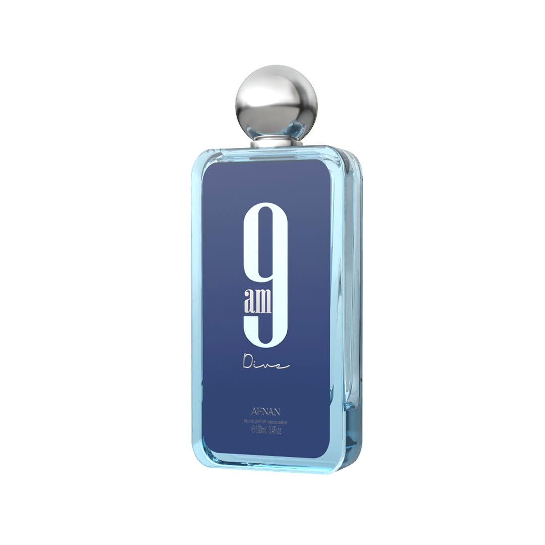 Afnan 9 AM Dive closeup of side label highlighting fragrance notes