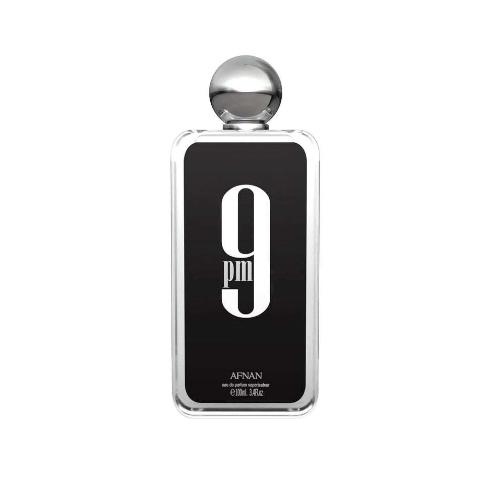 Afnan 9 PM front bottle view showing sleek design and bold presence