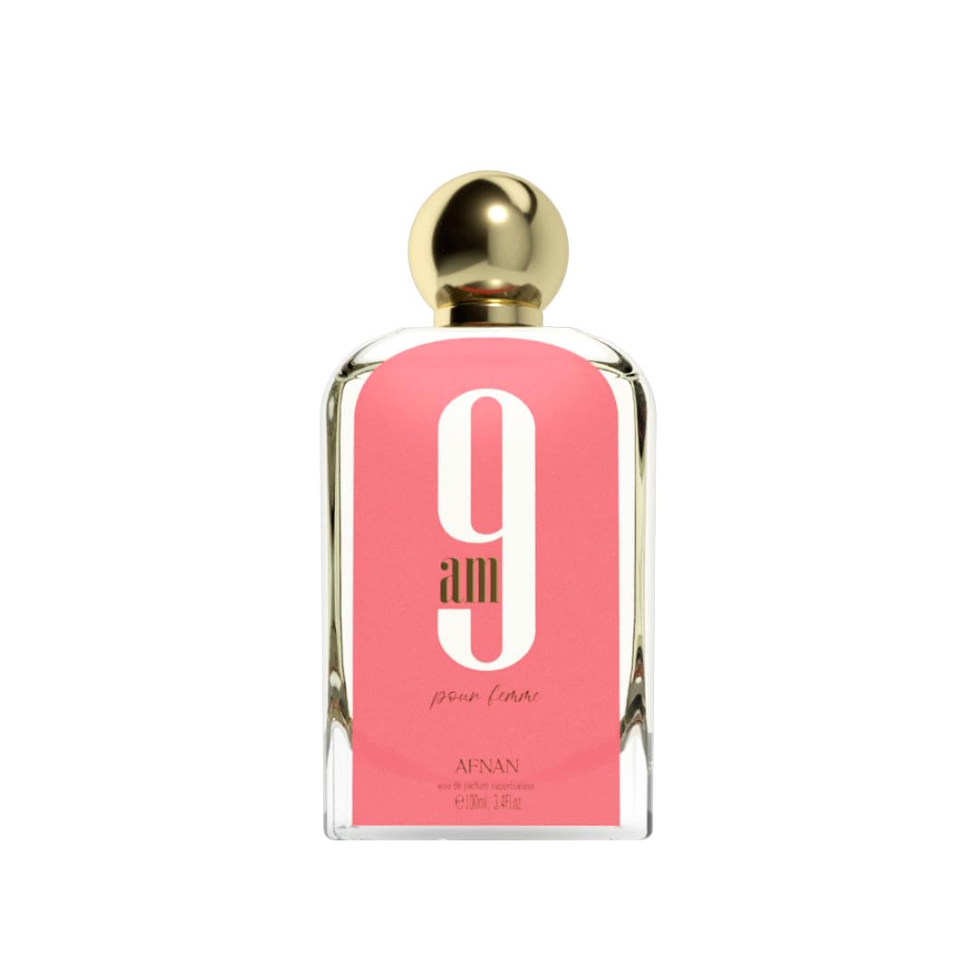 Afnan 9 AM front view showing elegant bottle and bright citrus appeal