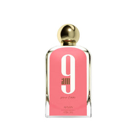 Afnan 9 AM front view showing elegant bottle and bright citrus appeal