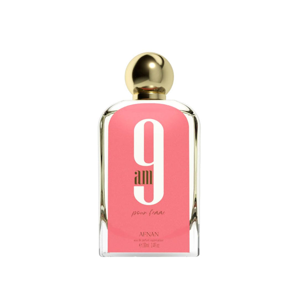Afnan 9 AM front view showing elegant bottle and bright citrus appeal