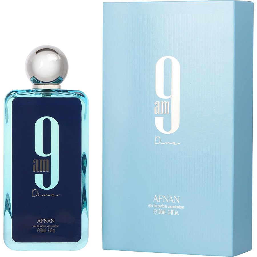 Afnan 9Am Dive front bottle shot showing sleek packaging and vibrant appeal