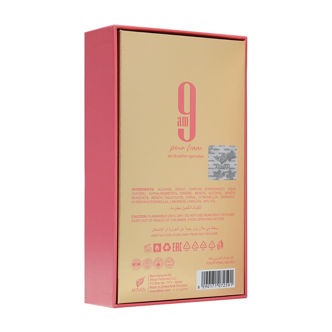 Afnan 9 AM label closeup showing notes list and clear branding