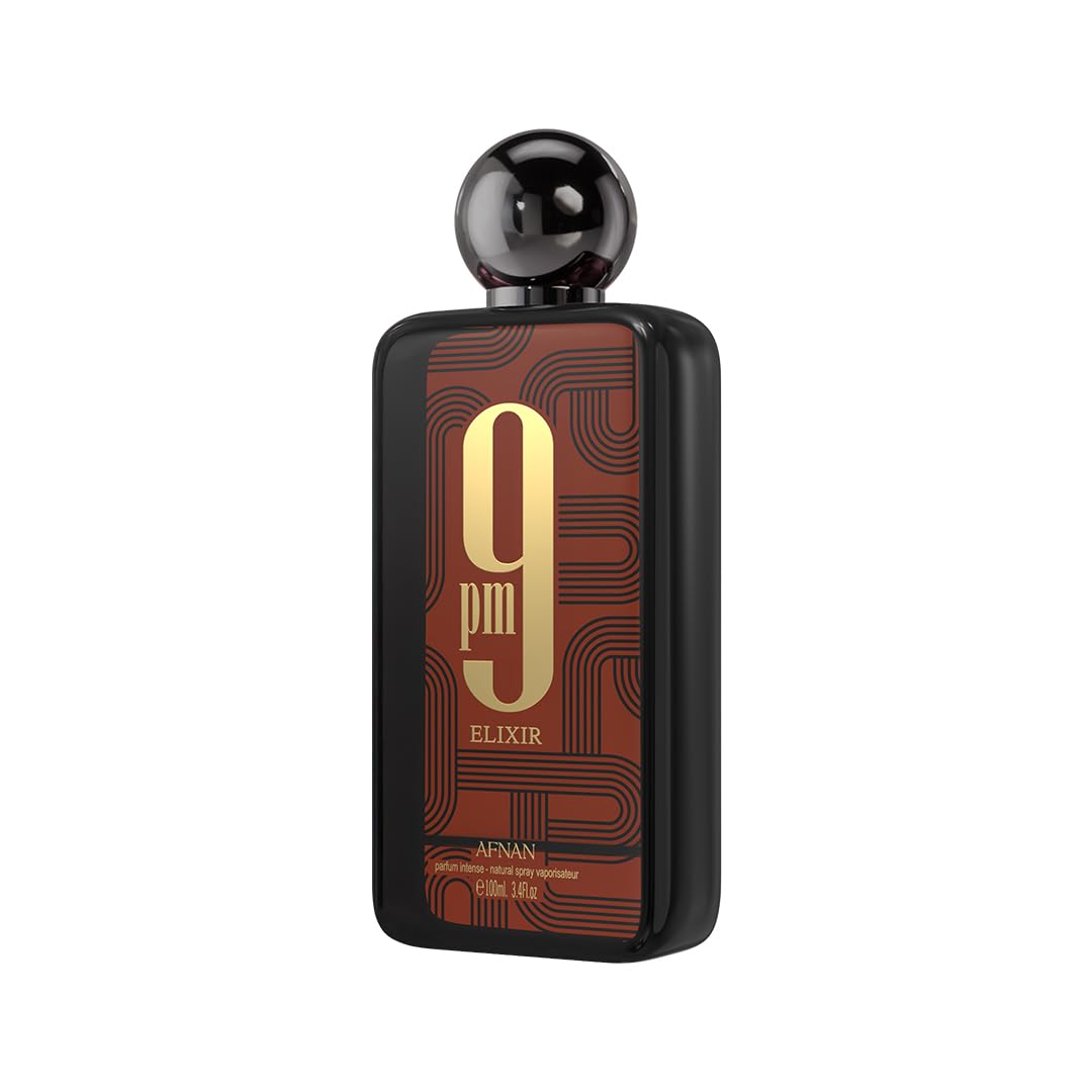 Afnan 9 PM Elixir bottle next to box highlighting premium packaging and gift appeal