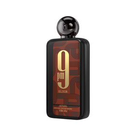 Afnan 9 PM Elixir bottle next to box highlighting premium packaging and gift appeal