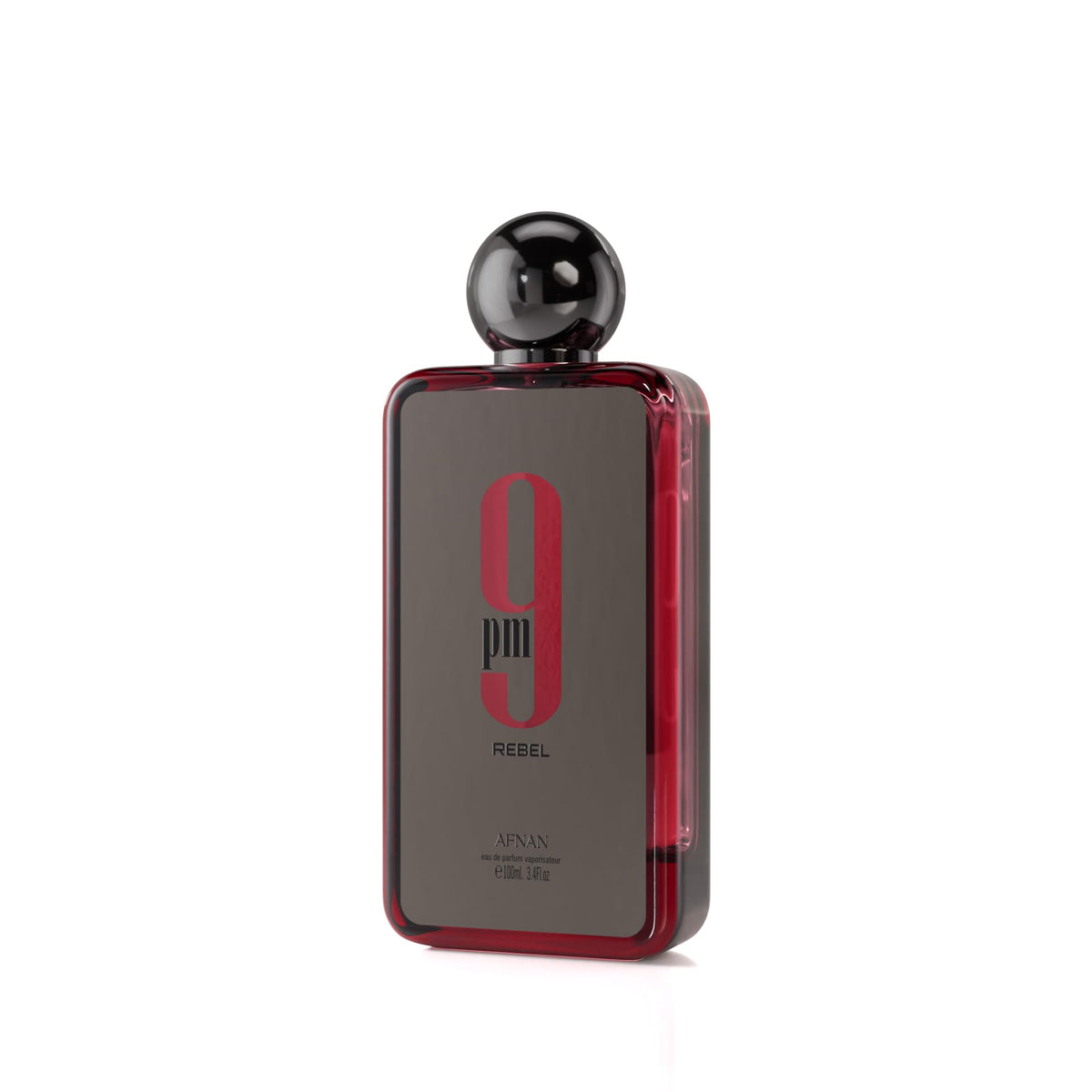 Afnan 9 PM Rebel angled bottle highlighting shape and premium finish for appeal