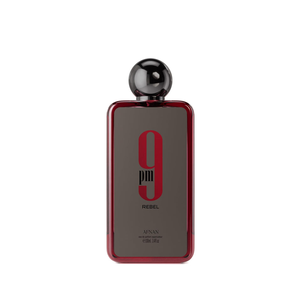 Afnan 9 PM Rebel front bottle showing elegant packaging and modern design benefit