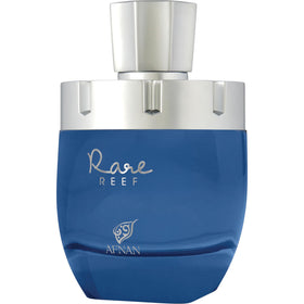 Afnan Rare Reef angled label detail highlighting brand and fragrance name