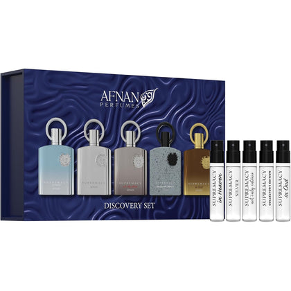 Afnan Supremacy five vials front packaging showing neat presentation and gifting convenience