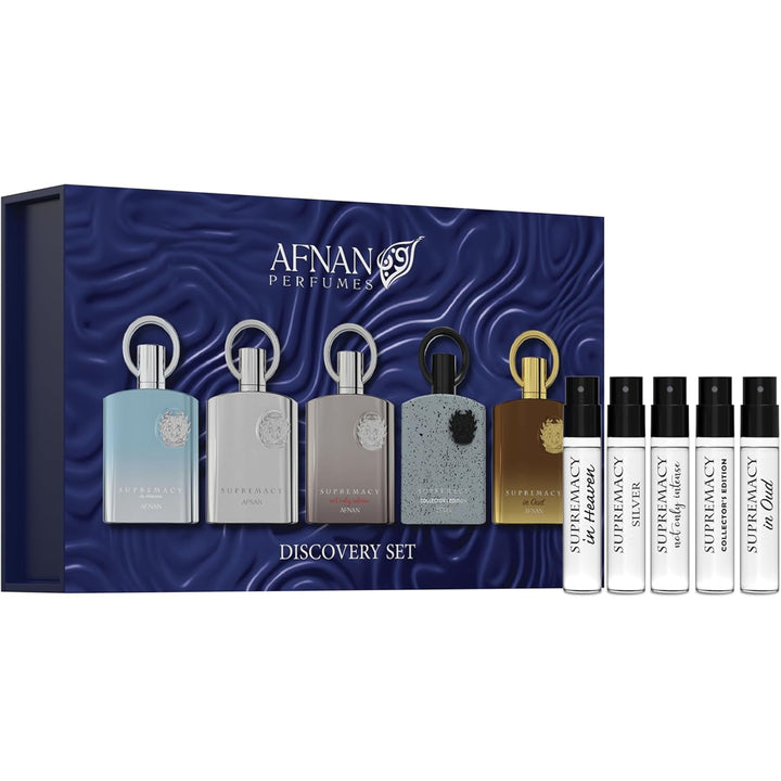 Afnan Supremacy five vials front packaging showing neat presentation and gifting convenience