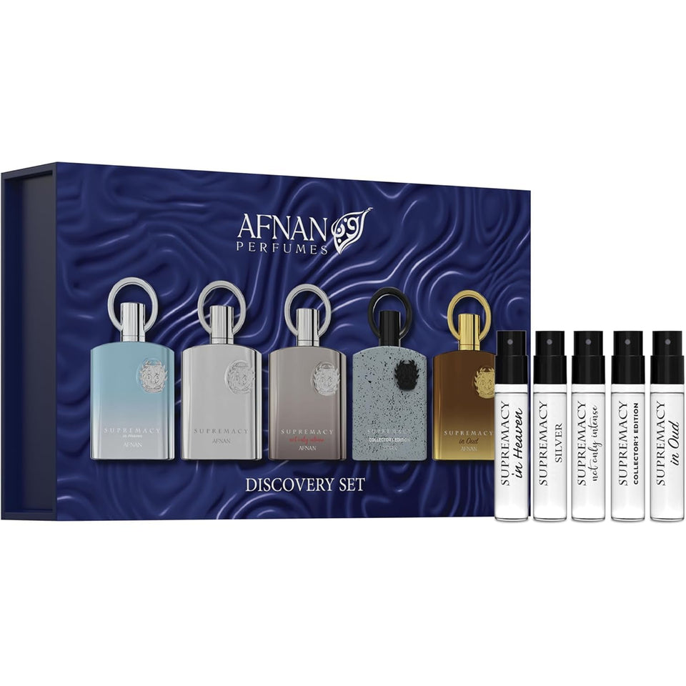 Afnan Supremacy five vials front packaging showing neat presentation and gifting convenience
