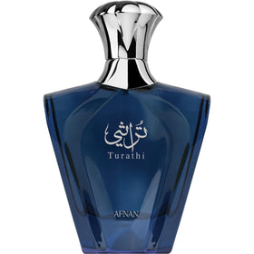 Afnan Turathi Blue front bottle shows elegant blue glass and brand detail for confident wear