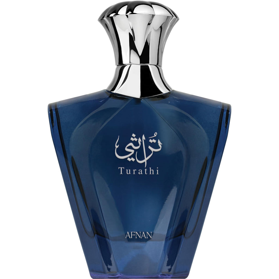 Afnan Turathi Blue front bottle shows elegant blue glass and brand detail for confident wear