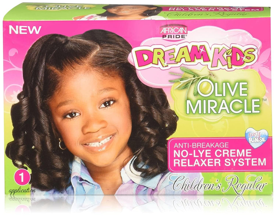 African Pride front packaging showing kit contents and olive oil benefit