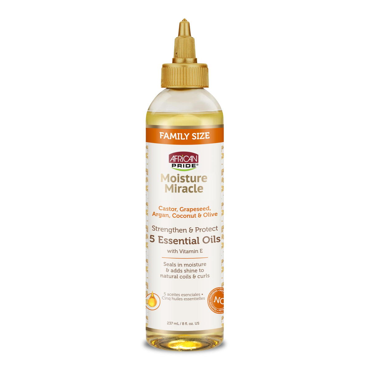 African Pride front packaging showing 5 essential oils and Vitamin E benefits