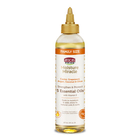 African Pride front packaging showing 5 essential oils and Vitamin E benefits