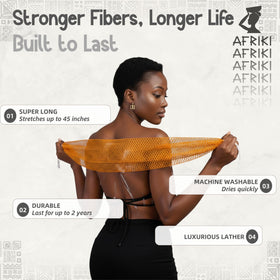 AFRIKI extra-long sponge stretched demonstrating full-back reach and easy cleaning benefit