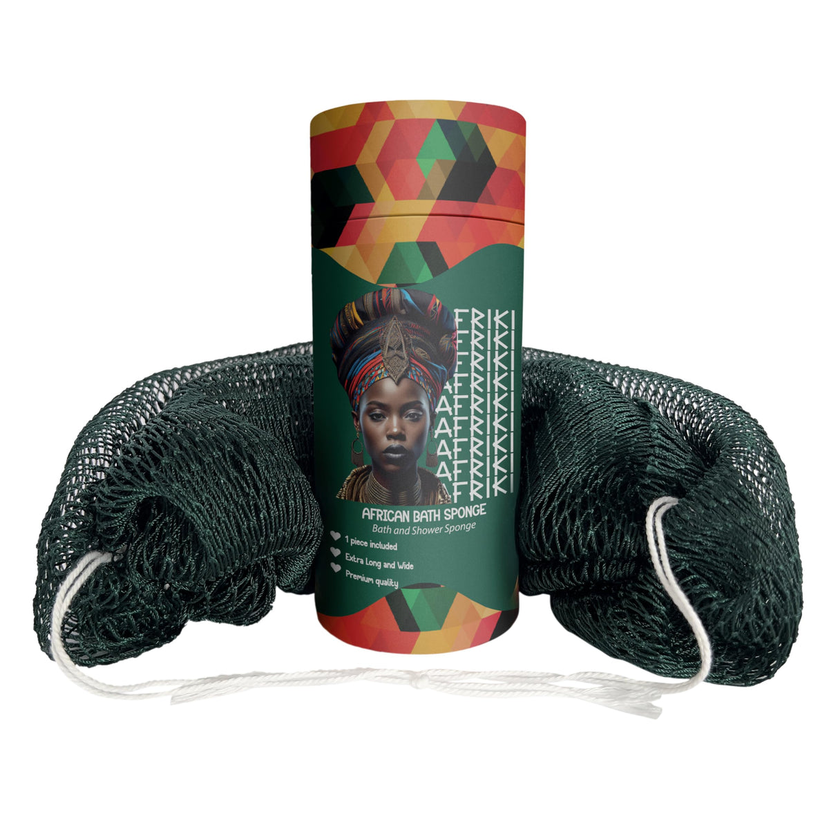 AFRIKI front view of forest green sponge showing shape and benefits