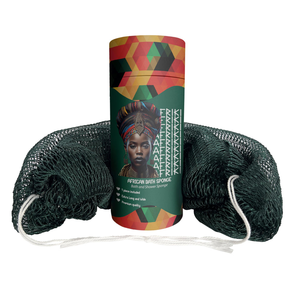 AFRIKI front view of forest green sponge showing shape and benefits
