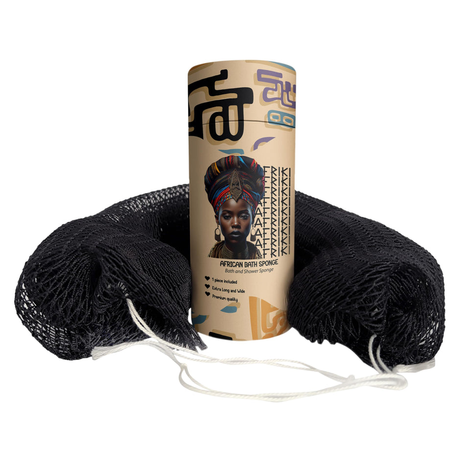 AFRIKI front view of black net sponge showing compact pack and benefit of premium exfoliation
