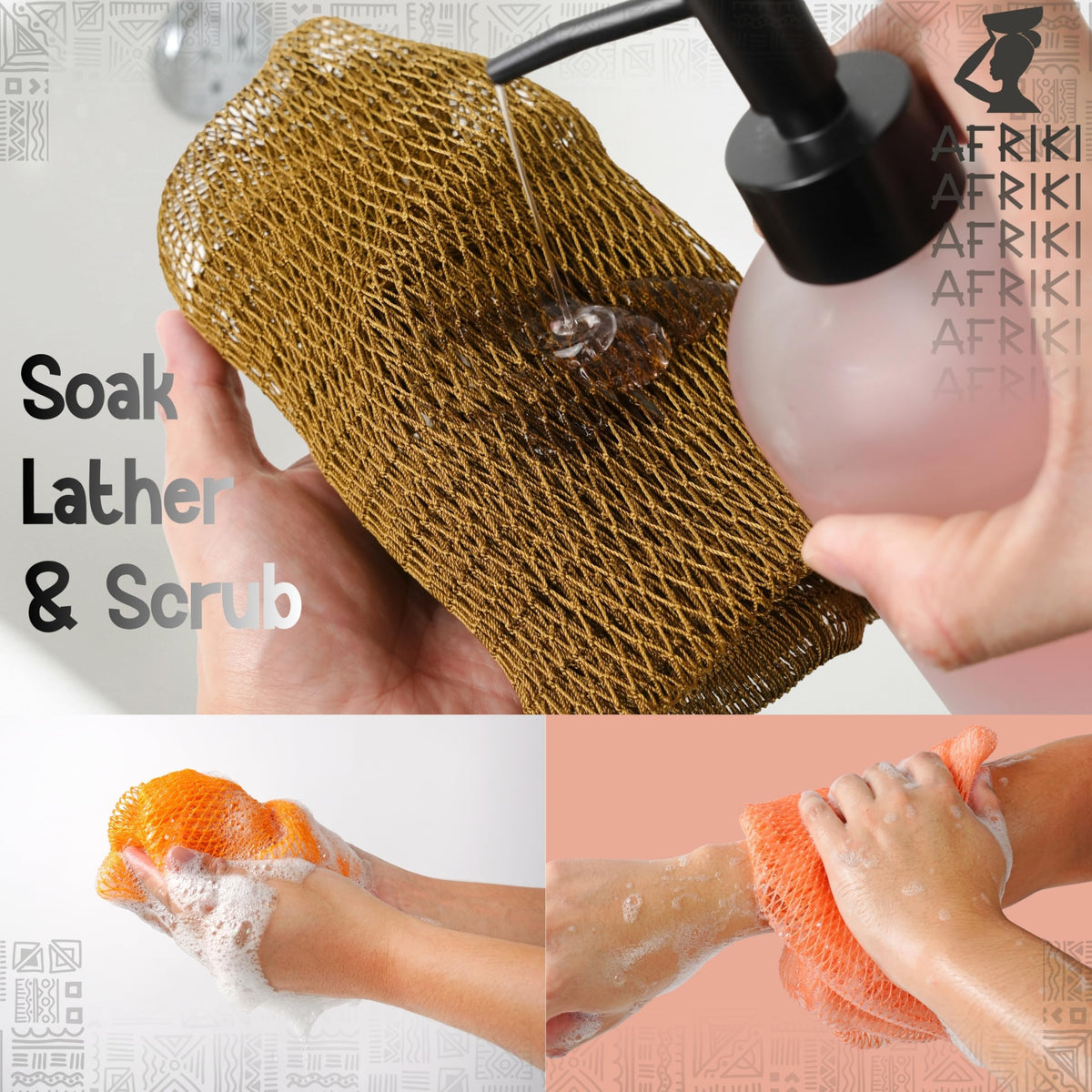 AFRIKI sponge hanging to dry in bathroom showing quick-drying and hygienic storage benefit