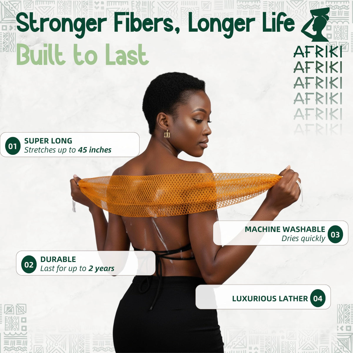 AFRIKI stretched length demonstrating extended reach for back cleaning