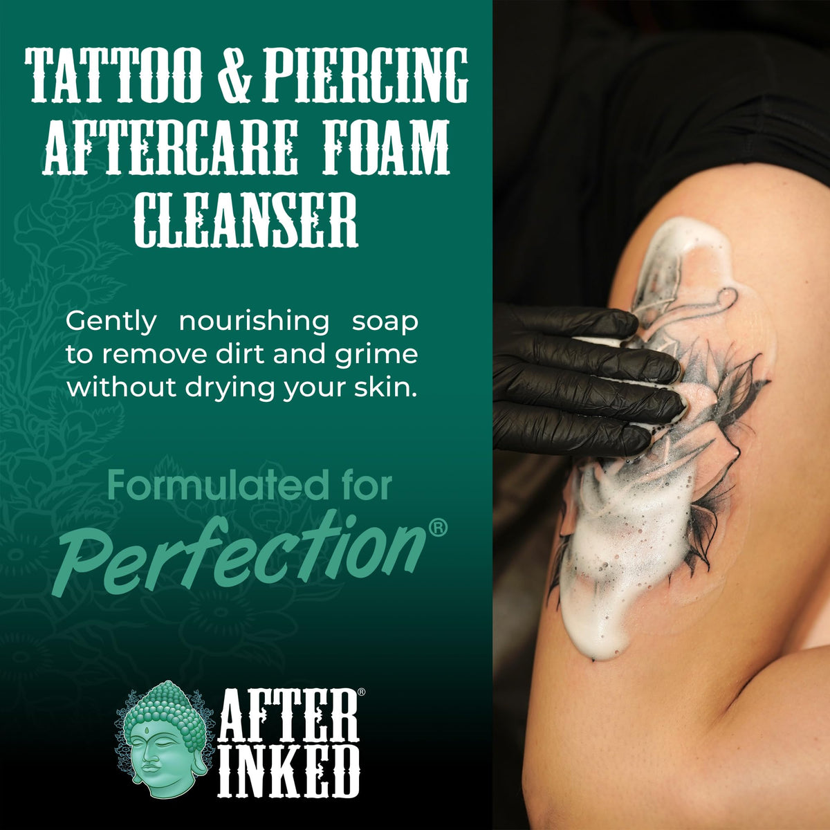 After Inked cleanser being gently used on a tattoo to remove debris and calm skin benefit