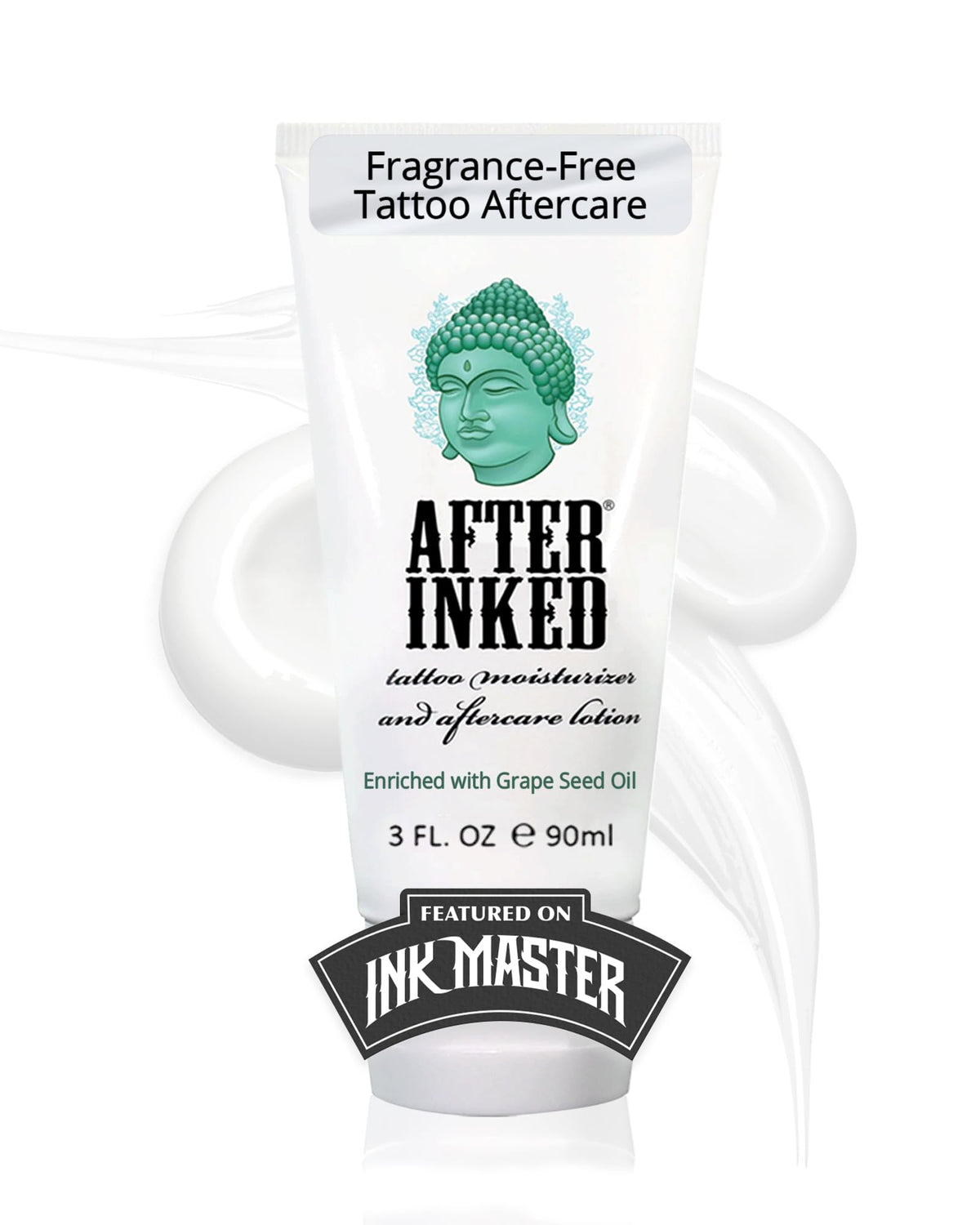 After Inked front tube showing branding and 3oz size, helps protect tattoos