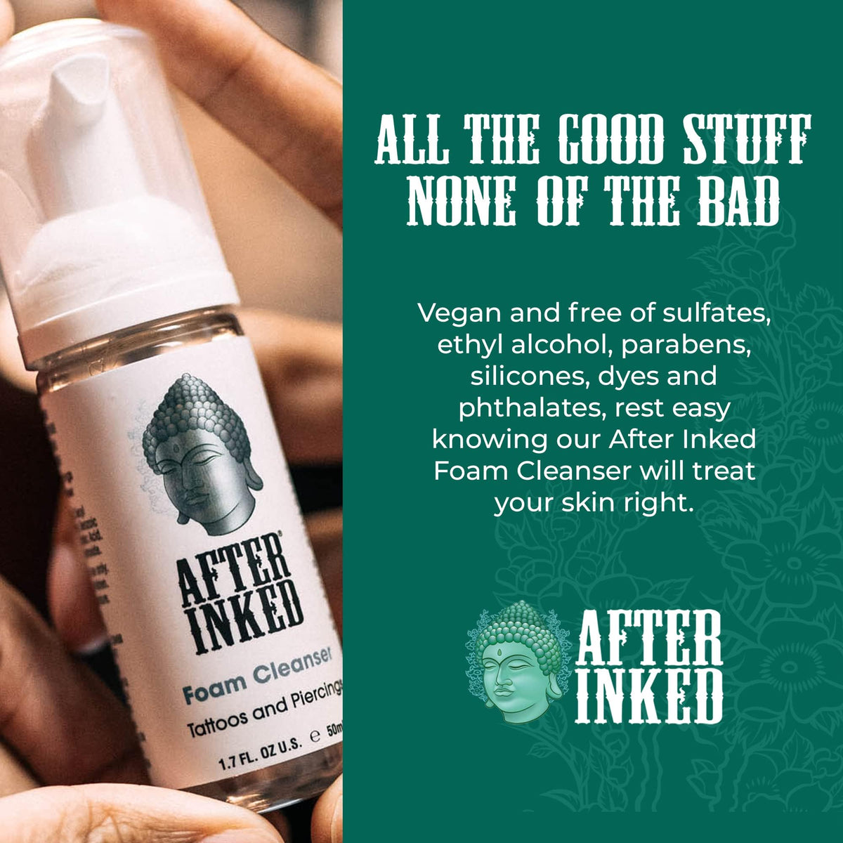 After Inked bottle on bathroom counter in lifestyle scene conveying professional aftercare benefit