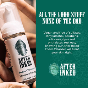 After Inked bottle on bathroom counter in lifestyle scene conveying professional aftercare benefit