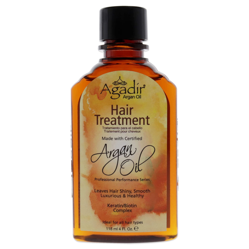 Agadir bottle front view showing product and lightweight shine benefits