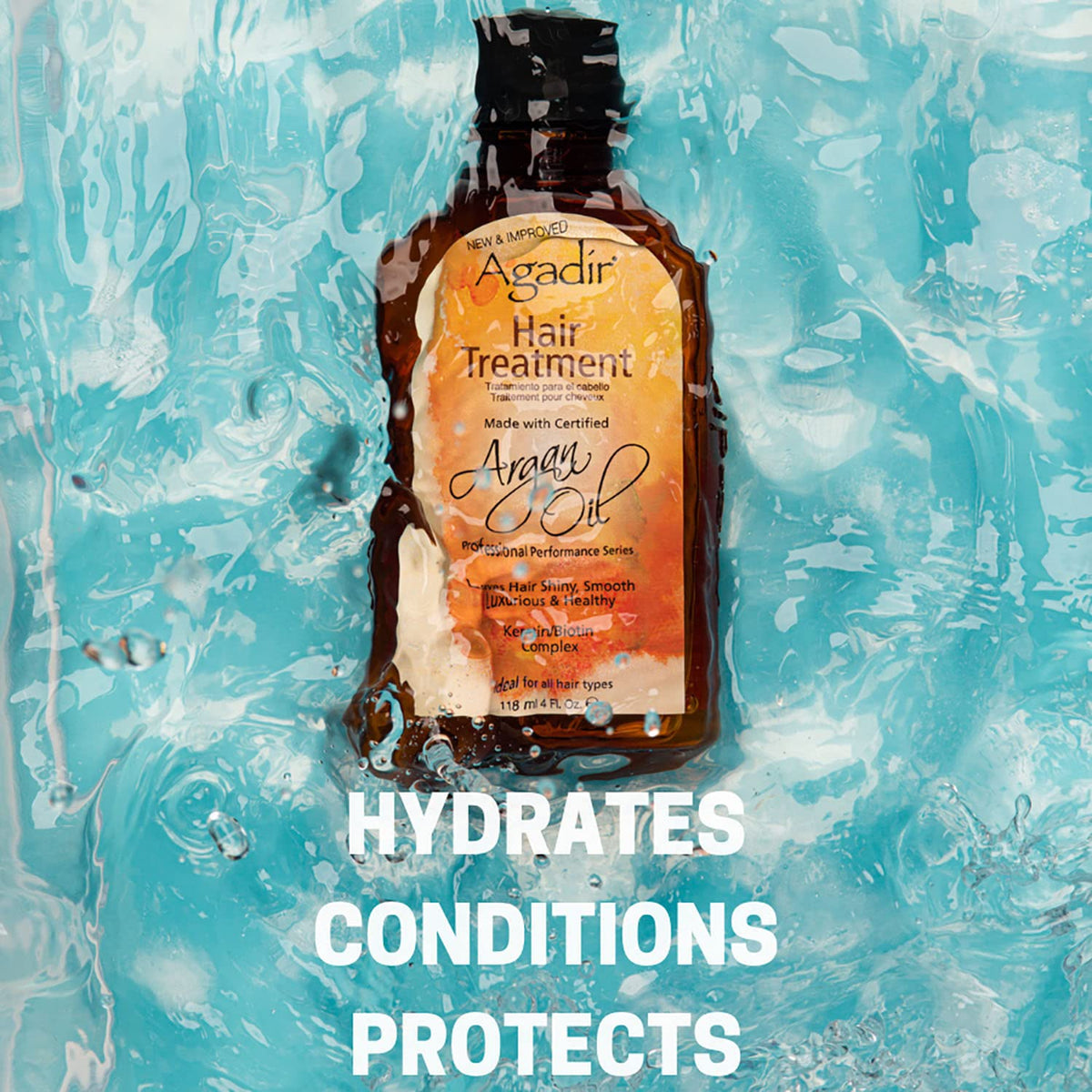 Agadir label close-up showing certified argan oil and nourishing vitamin E