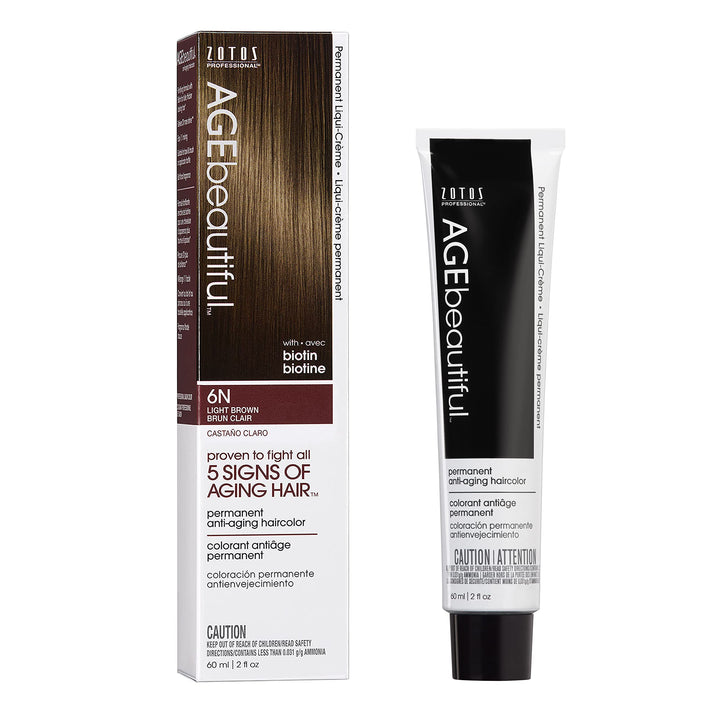 AGE beautiful front packaging showing shade 6N Light Brown and benefits