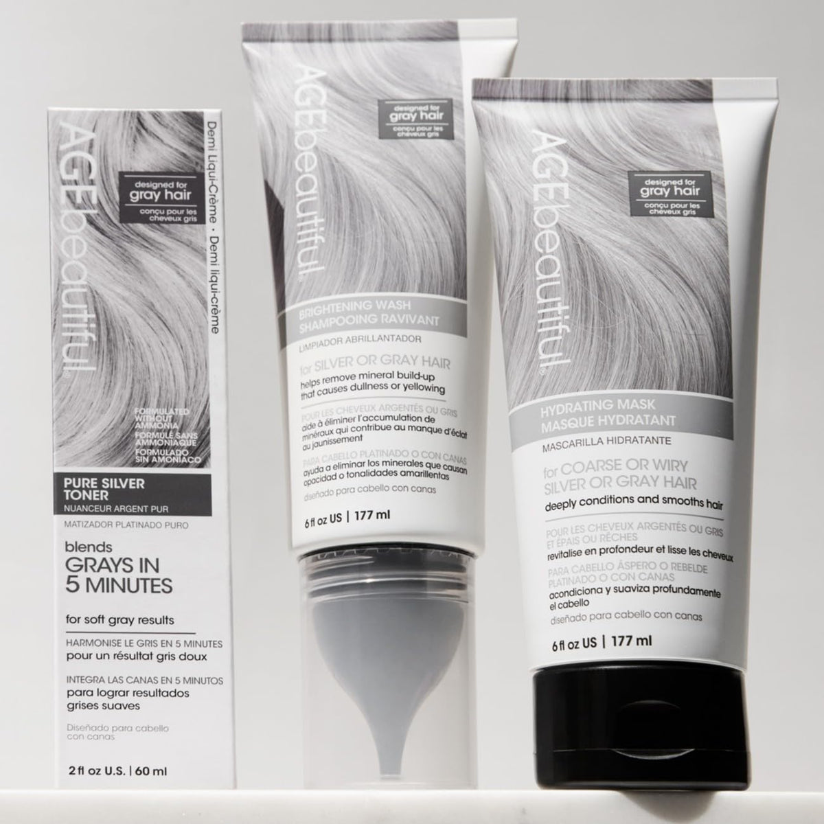AGE beautiful before and after brightness improvement on silver hair