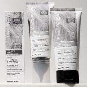 AGE beautiful before and after brightness improvement on silver hair