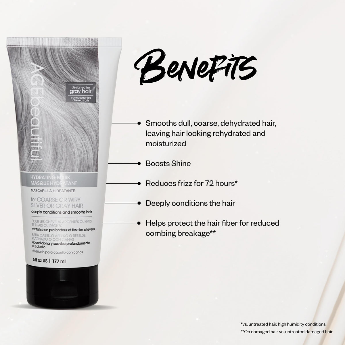 AGE beautiful applied to gray hair demonstrating smoother, more manageable strands