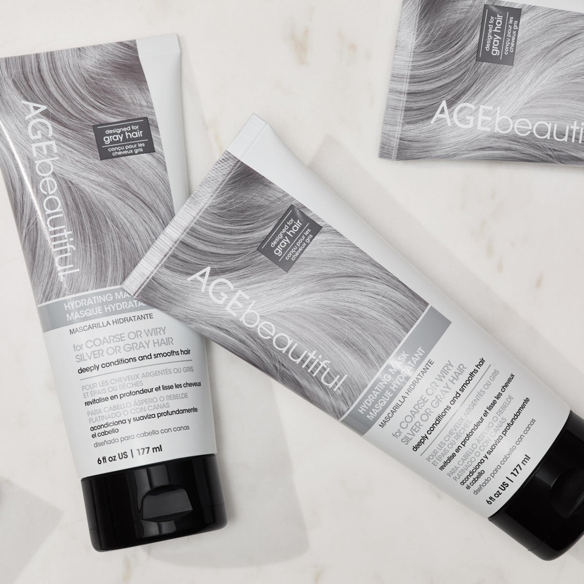 AGE beautiful label detail showing ingredients silk amino acids and keratin benefits