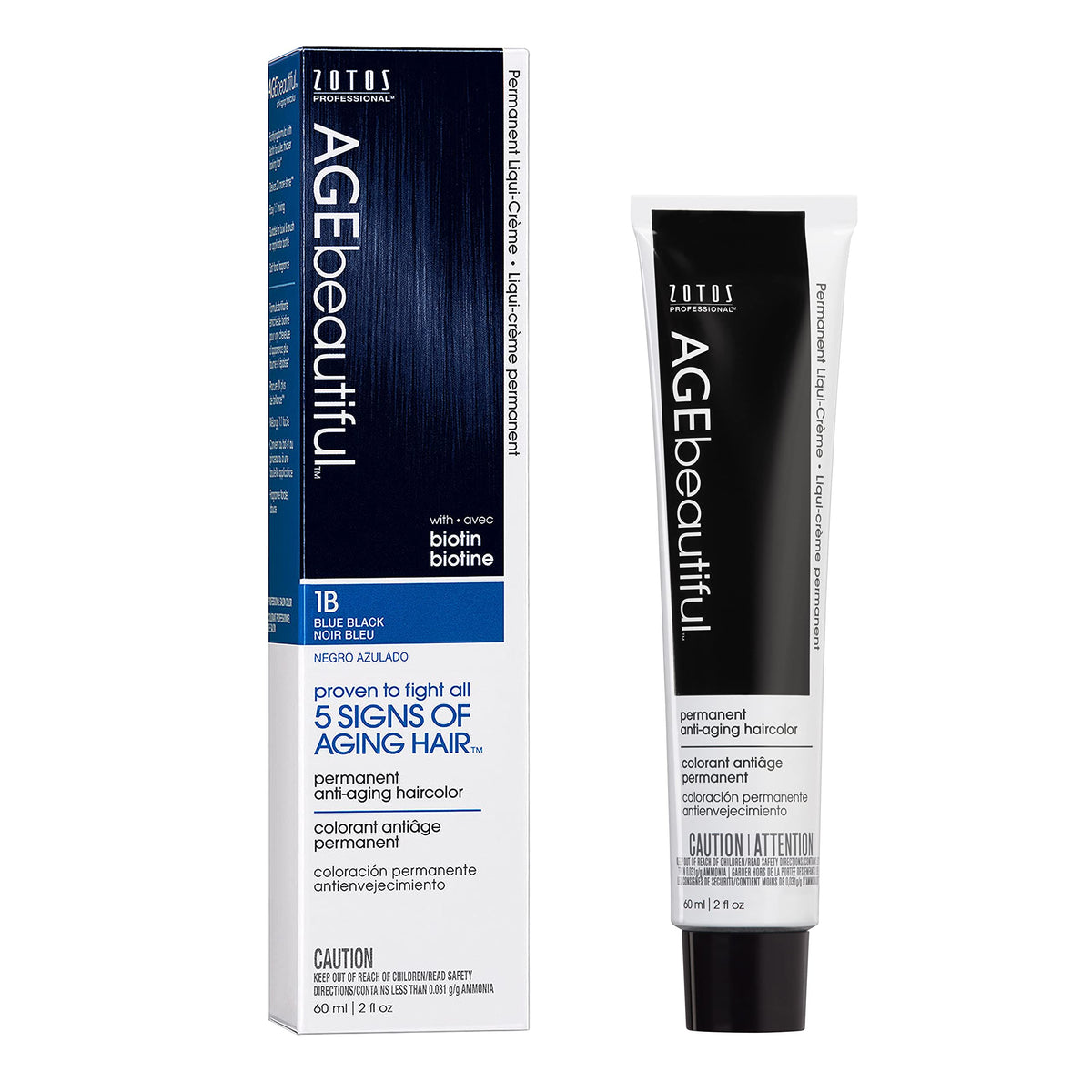 AGE beautiful front box showing blue-black shade and benefits for fuller hair