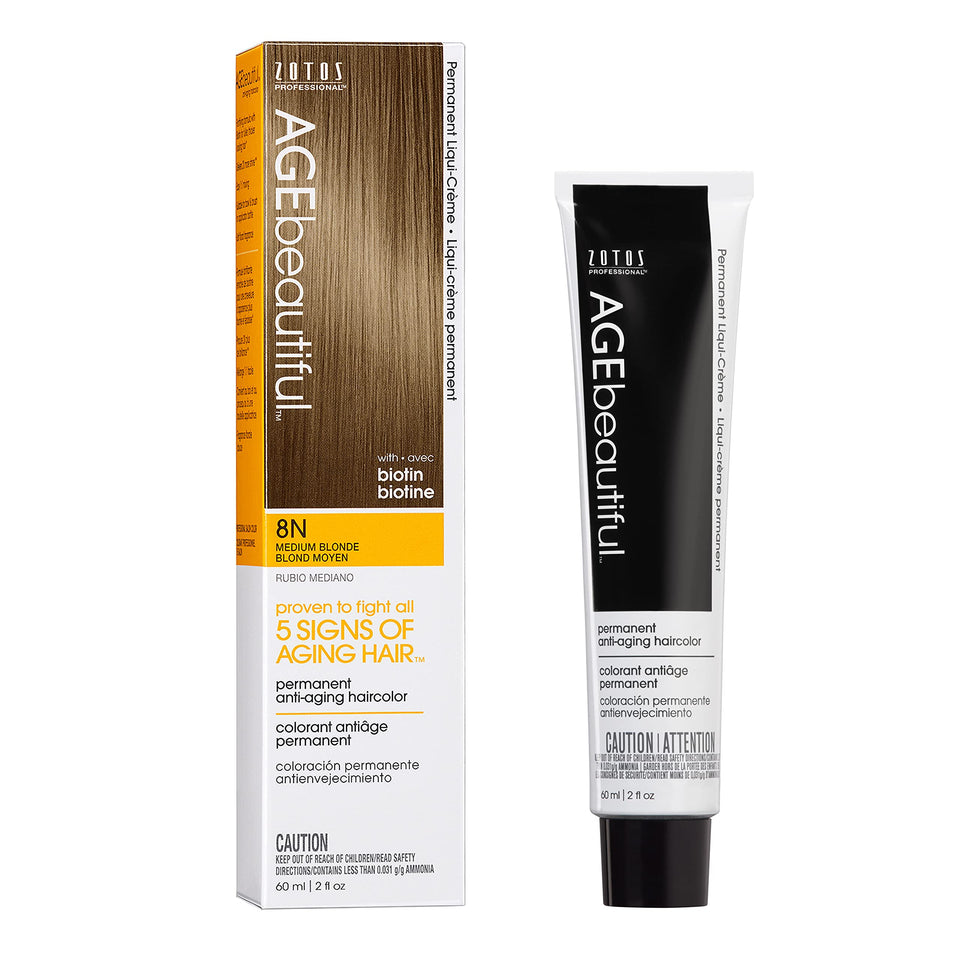 AGE beautiful front packaging of 8N medium blonde showing product name and shade