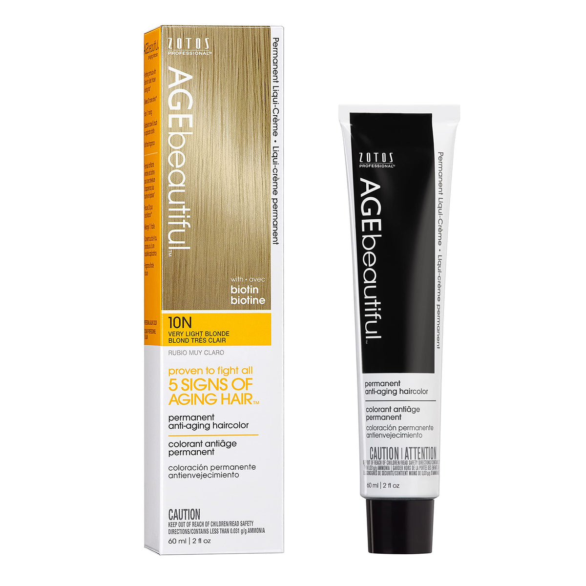 AGE beautiful front packaging showing 10N very light blonde shade and benefits