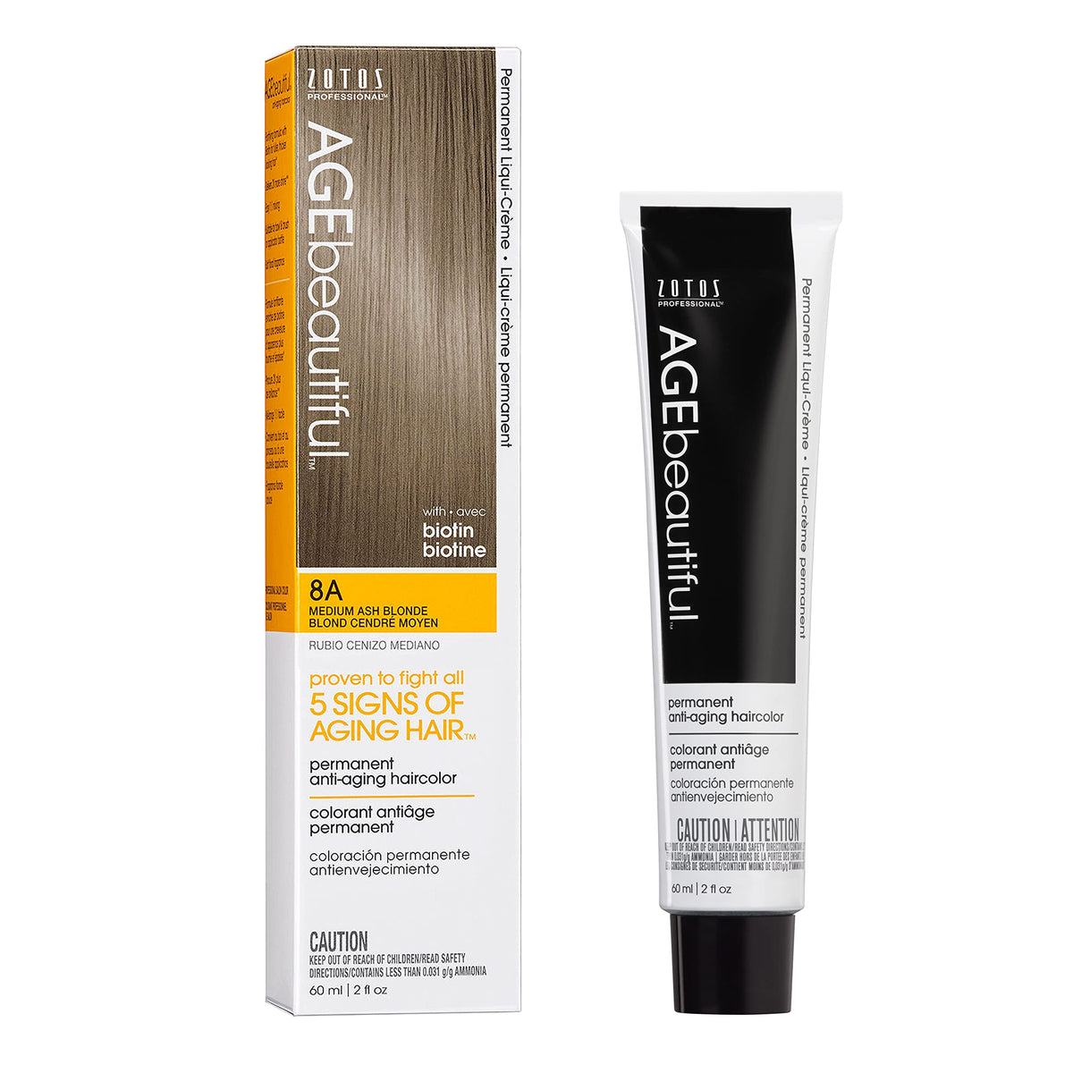AGEbeautiful front packaging showing 8A Medium Ash Blonde and product benefit