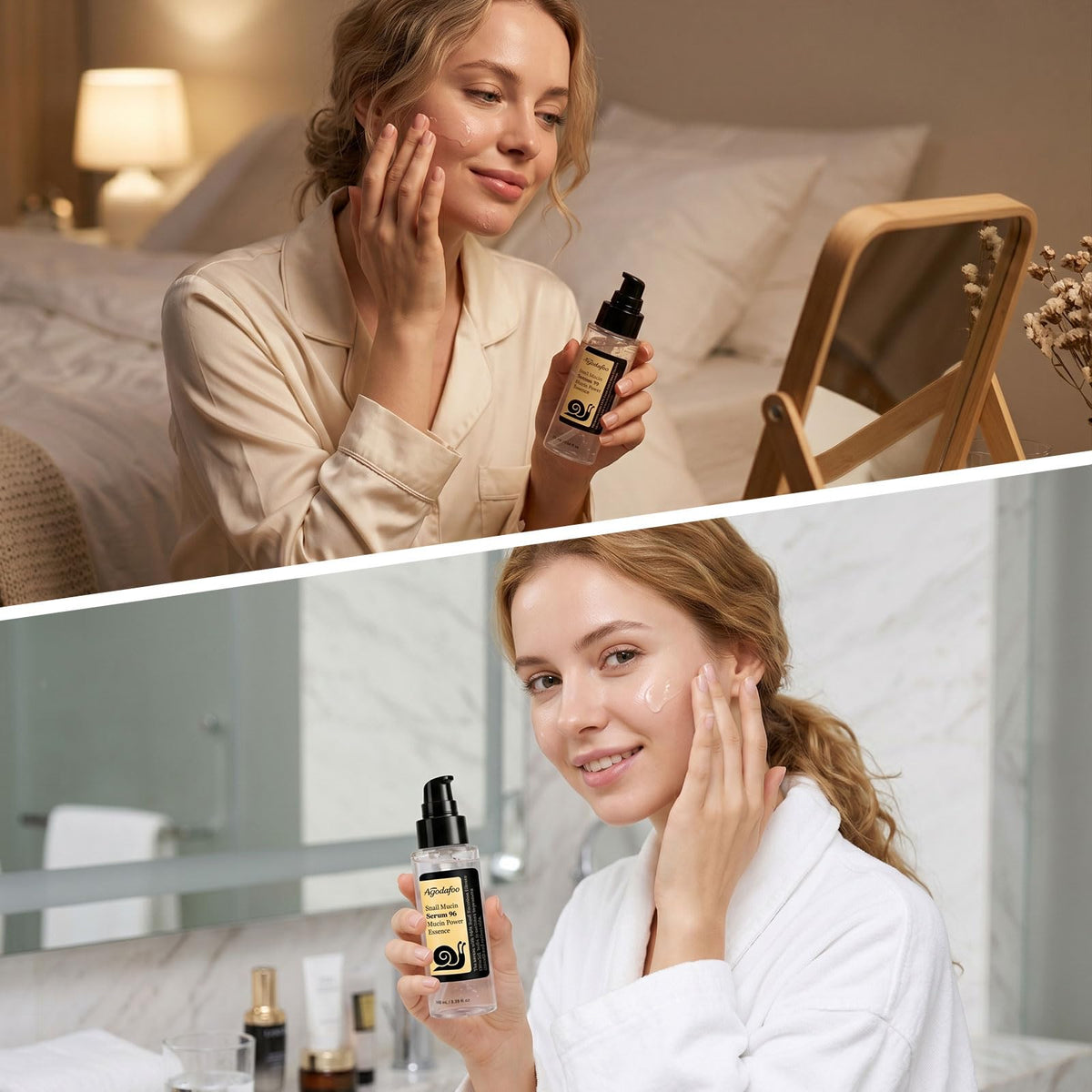 Agodafoo applying serum to cheek showing gentle soothing action