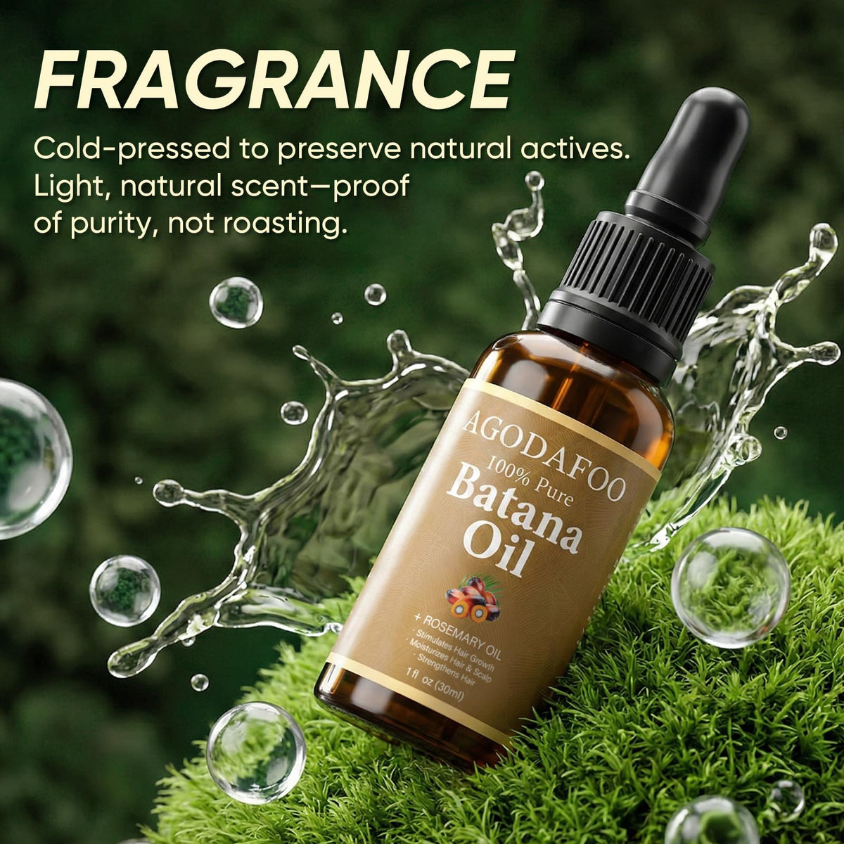 Agodafoo oil drop on palm absorbing into skin, conveys lightweight non-greasy benefit
