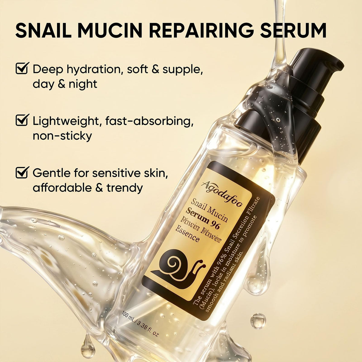Agodafoo gel-like serum drop on hand demonstrating fast absorption