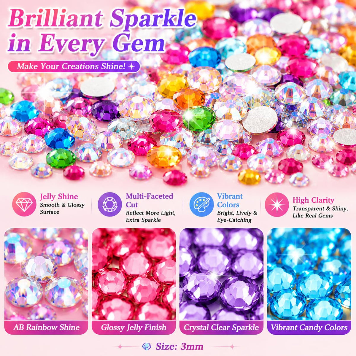 Agqbsl close-up of 3mm jelly resin rhinestones showing glossy finish
