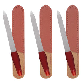 AhaTopia front view of three metal nail files with leather sheaths, durable travel set