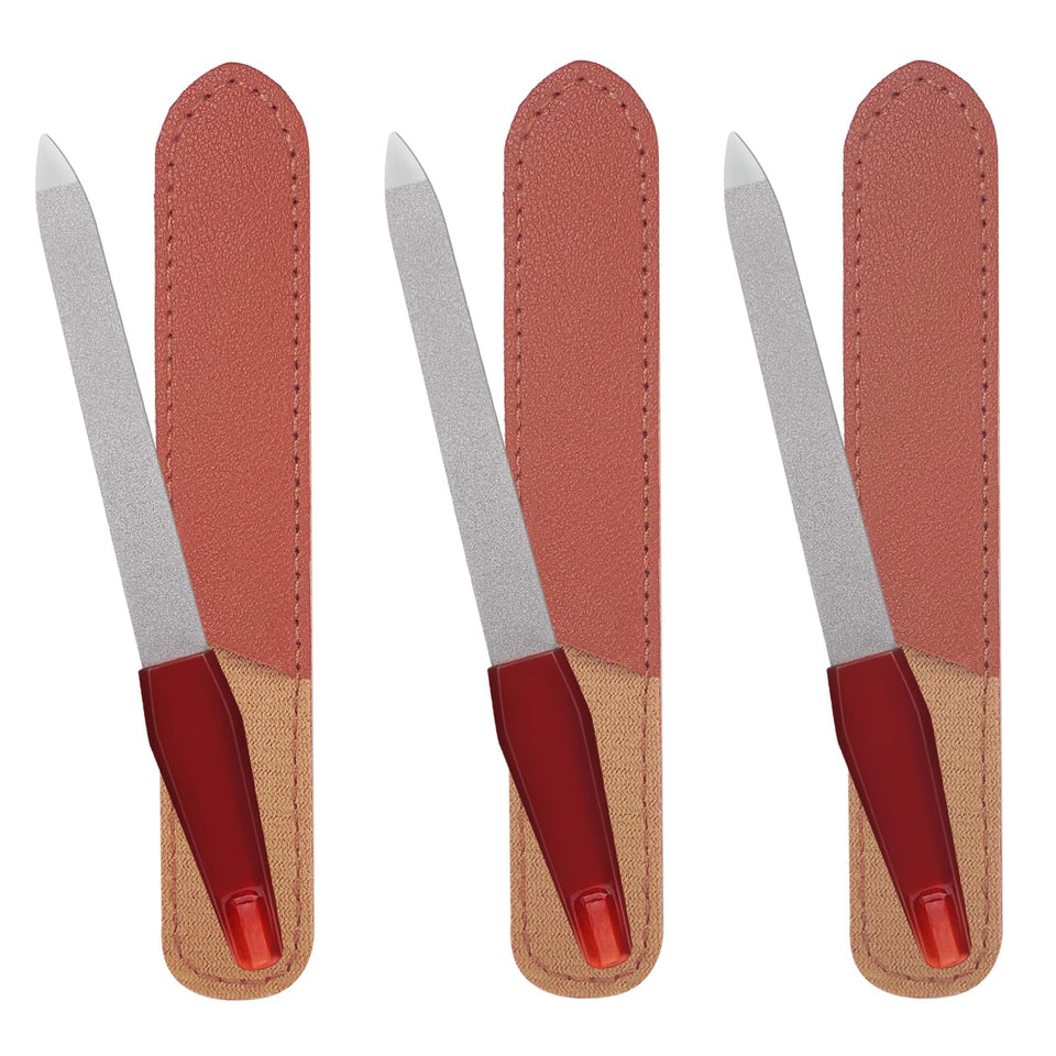 AhaTopia front view of three metal nail files with leather sheaths, durable travel set