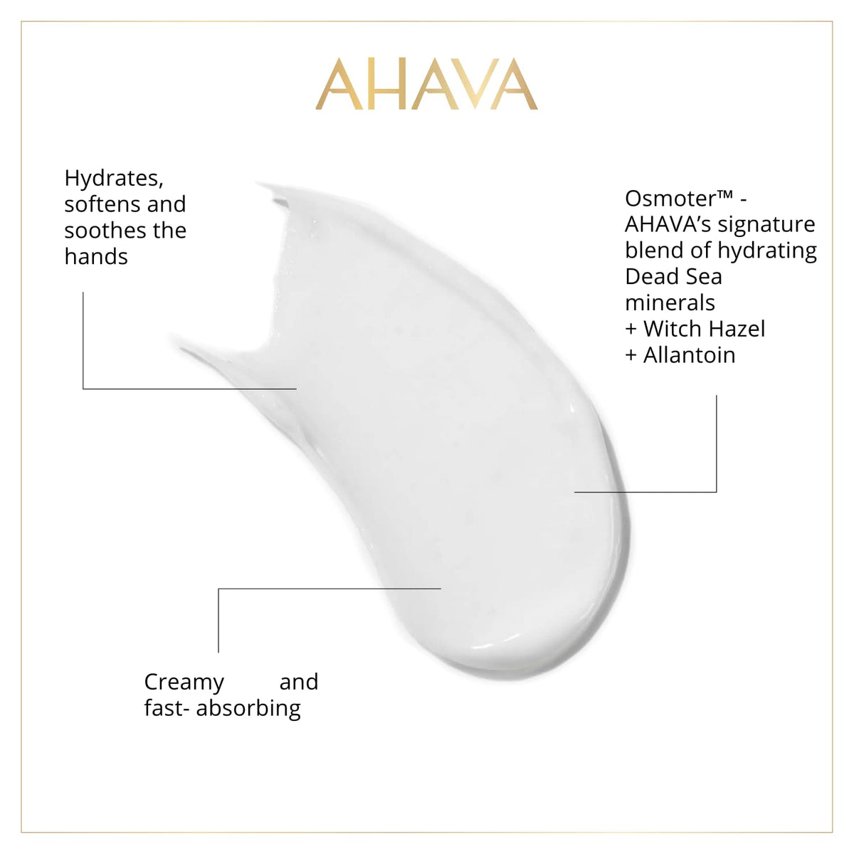 AHAVA hand cream texture close-up on skin, fast-absorbing smooth finish benefit