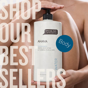 AHAVA lotion in bathroom lifestyle scene suggesting daily self-care routine